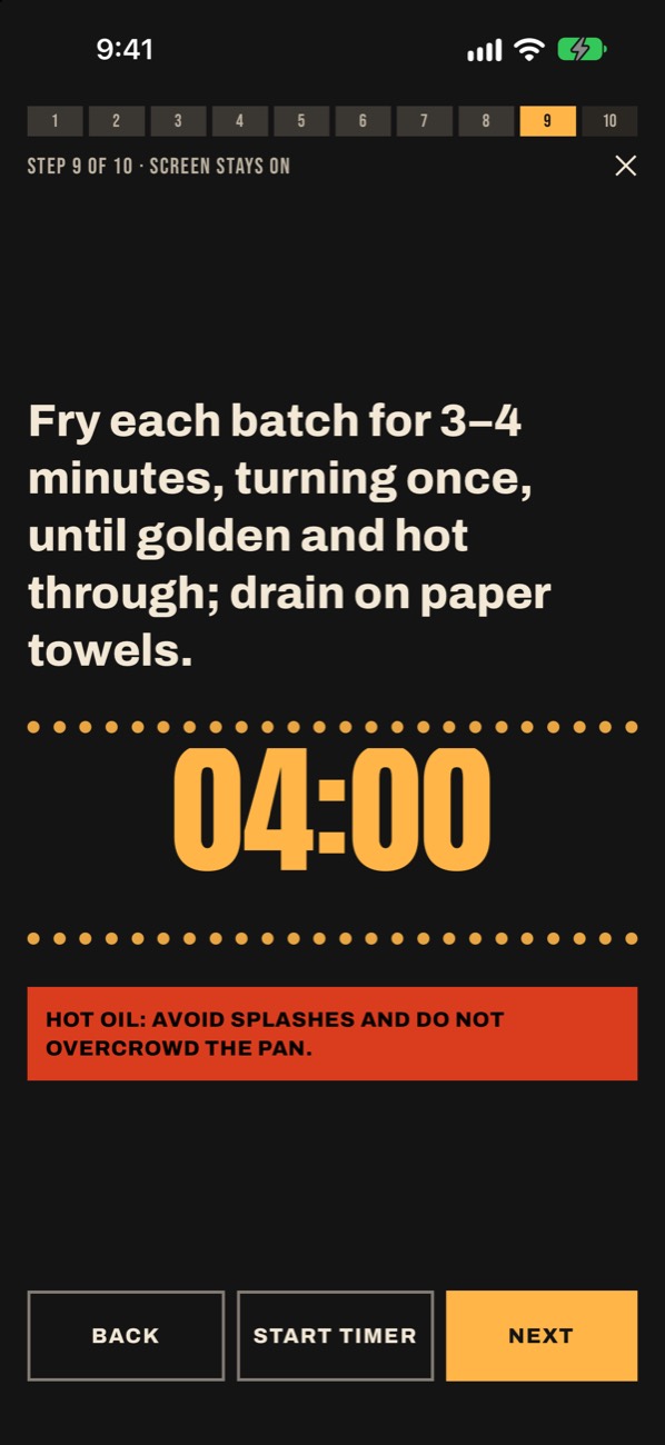 Cook mode: one big step with a four-minute timer and a hot oil warning