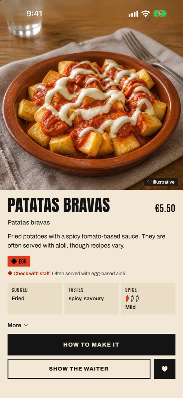 Patatas bravas in Snappy Menu: picture, allergens, chilli scale and a short story